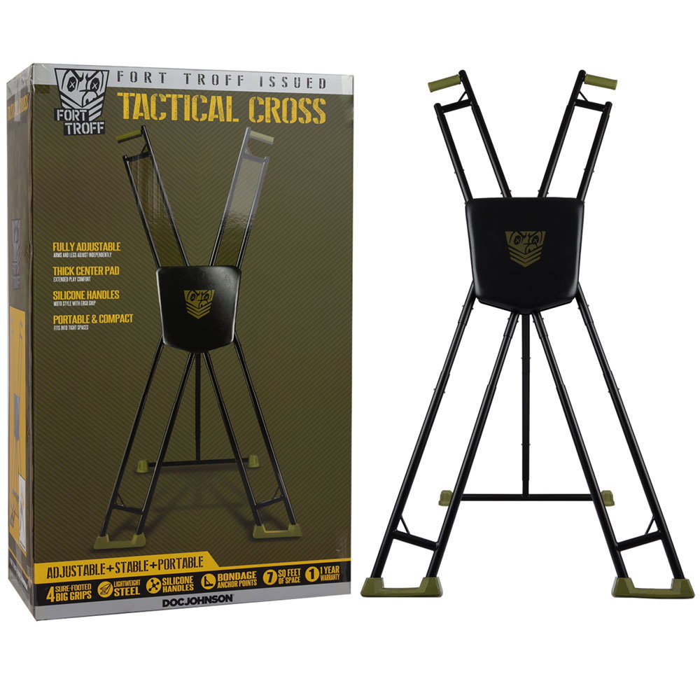 Fort Troff Tactical Cross freestanding metal bondage frame with silicone handles and cushioned centre pad