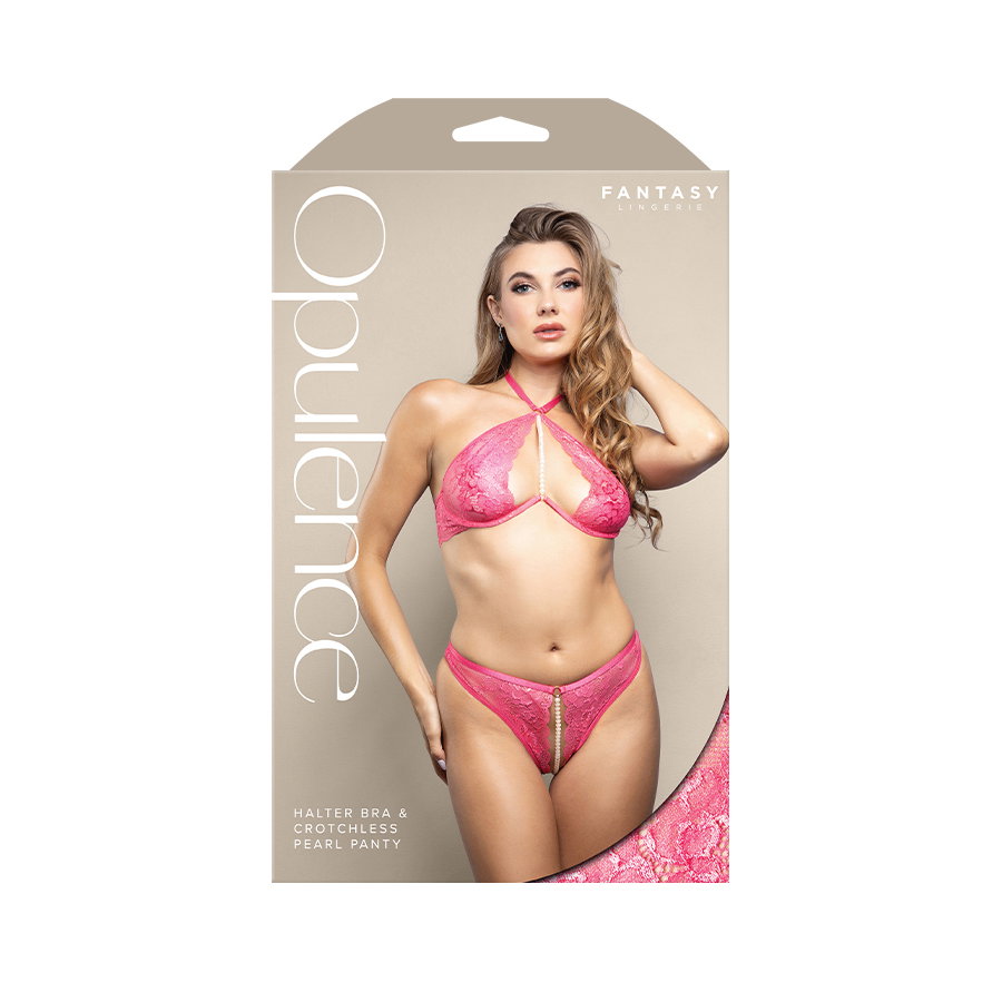 Fantasy Lingerie Opulence hot pink shimmer lace halter bra and crotchless pearl panty set, size M/L