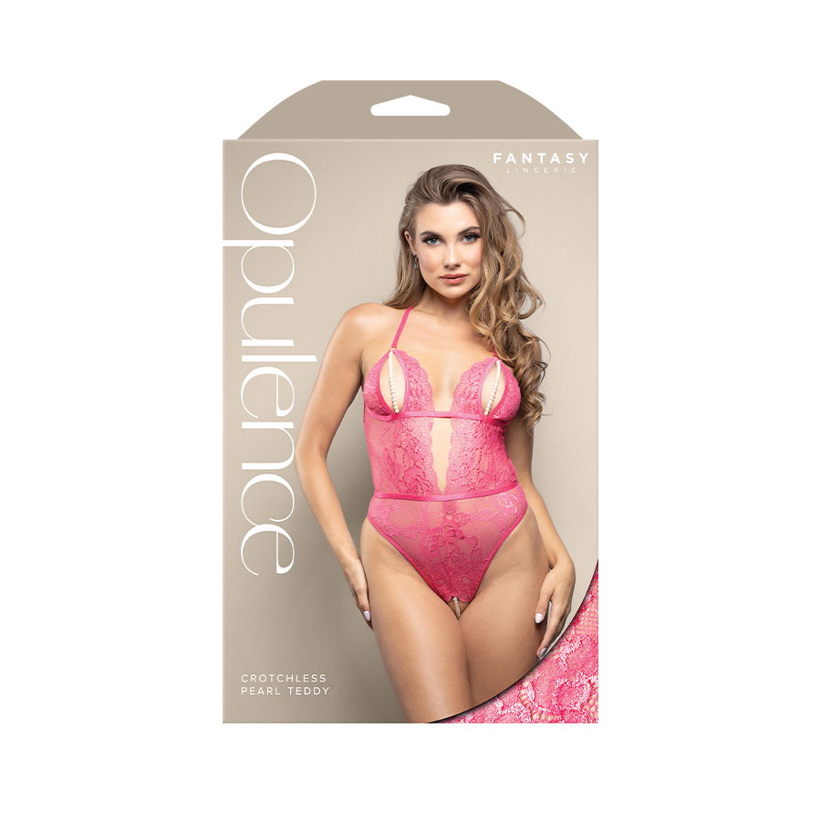 Hot pink shimmer lace crotchless teddy with pearl string cups, cut-out back and pearl G-string, size M/L