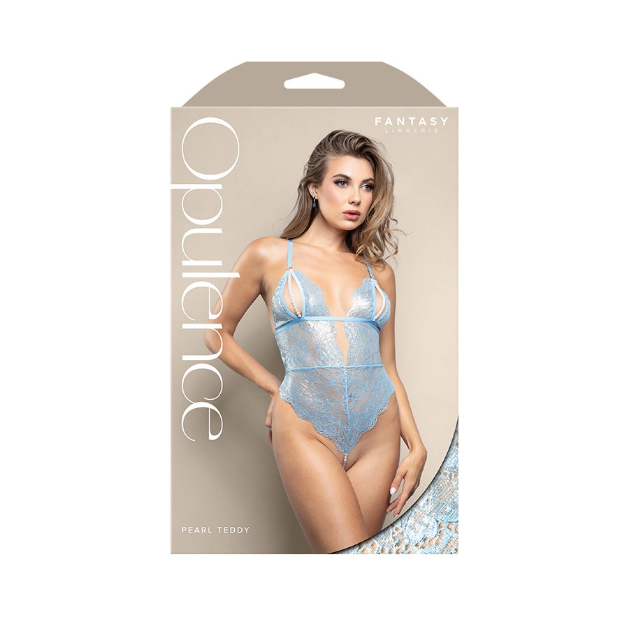 Light blue metallic foil lace teddy with pearl string cups and cut-out back, Fantasy Lingerie Opulence Pearl Teddy