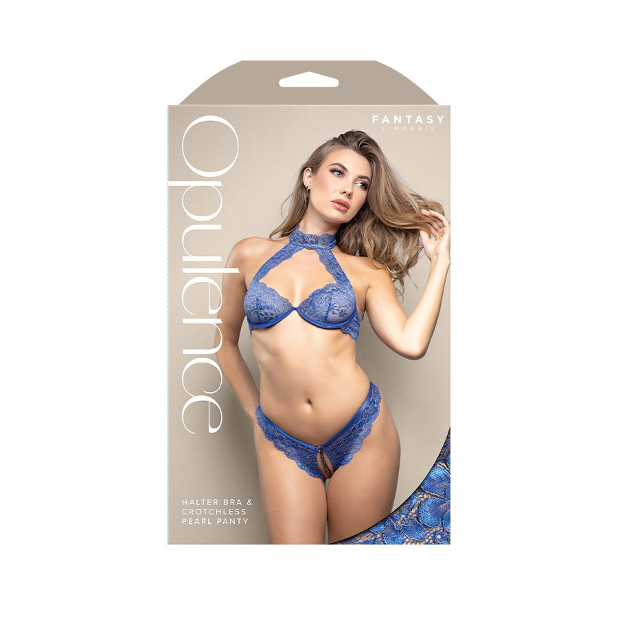 Royal blue halter bralette and pearl panty lingerie set with gold corded lace, Fantasy Lingerie, size M/L
