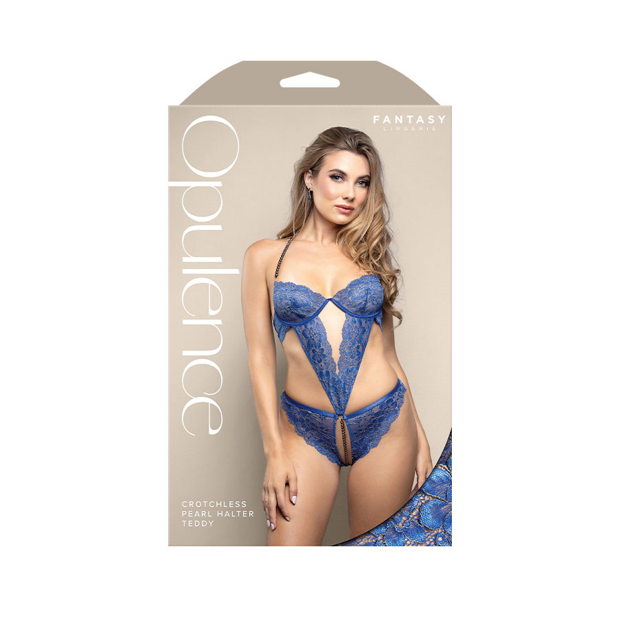 Royal blue lace crotchless halter teddy with pearl detailing and underwire cups, size M/L