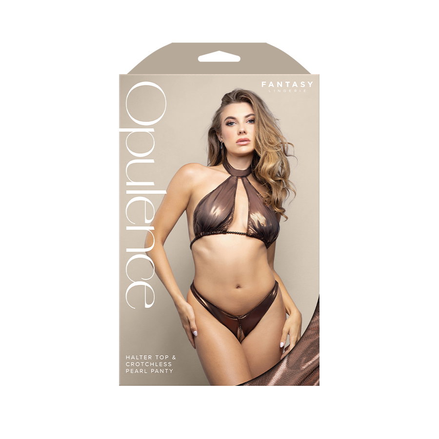 Fantasy Lingerie Opulence chocolate halter top and crotchless pearl panty set, size S/M