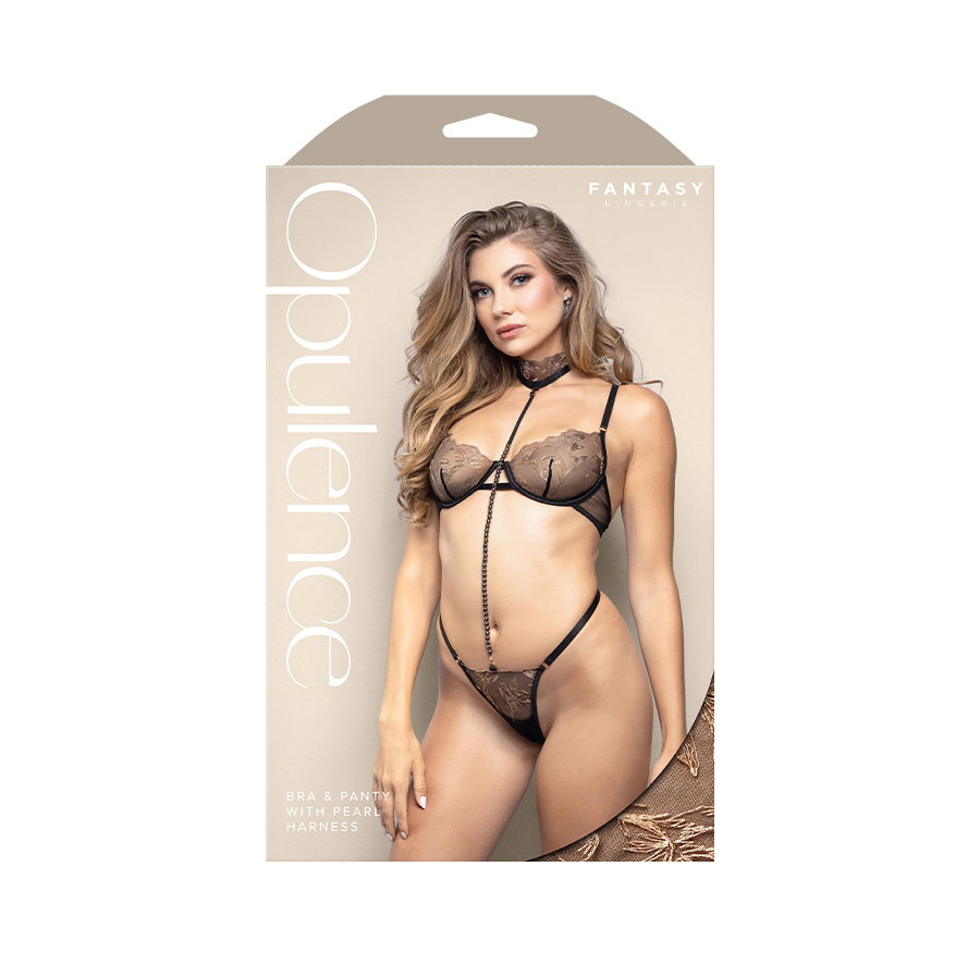 Black rose gold embroidered mesh bra and g-string set with removable pearl string harness, size M/L