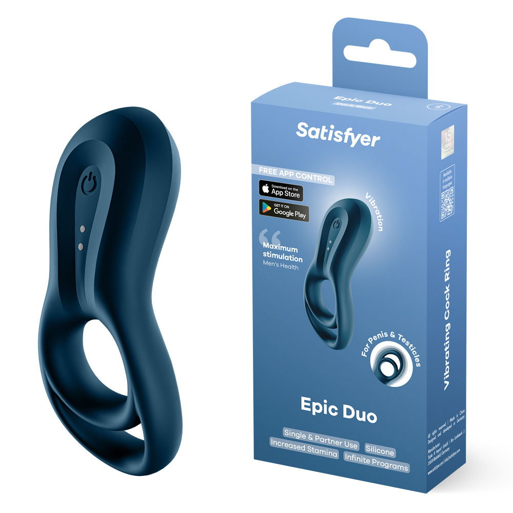 Satisfyer Epic Duo navy app-controlled vibrating cock ring with dual silicone loops