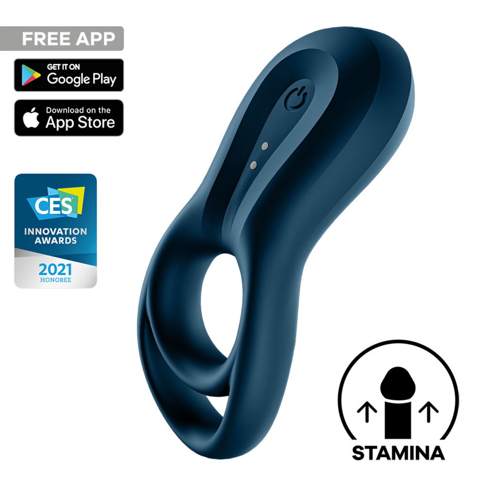 Satisfyer Epic Duo navy app-controlled vibrating cock ring with dual silicone loops