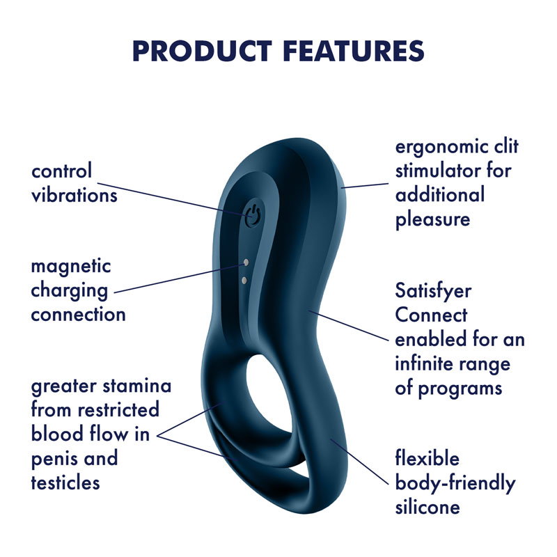 Satisfyer Epic Duo navy app-controlled vibrating cock ring with dual silicone loops