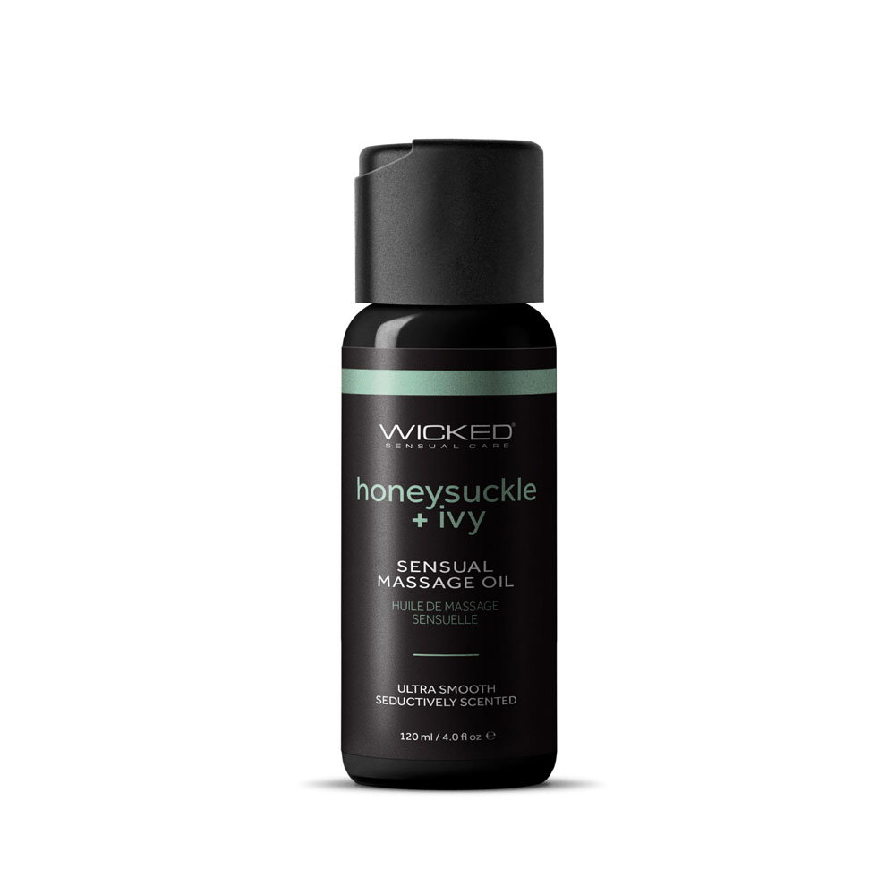 Bottle of Wicked Sensual Massage Oil in Honeysuckle + Ivy scent