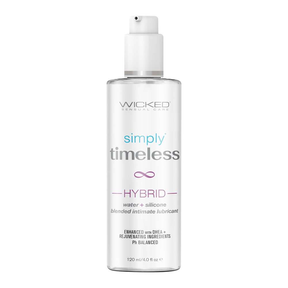 Bottle of Wicked Simply Timeless Hybrid Lubricant, a water and silicone-based intimate lube