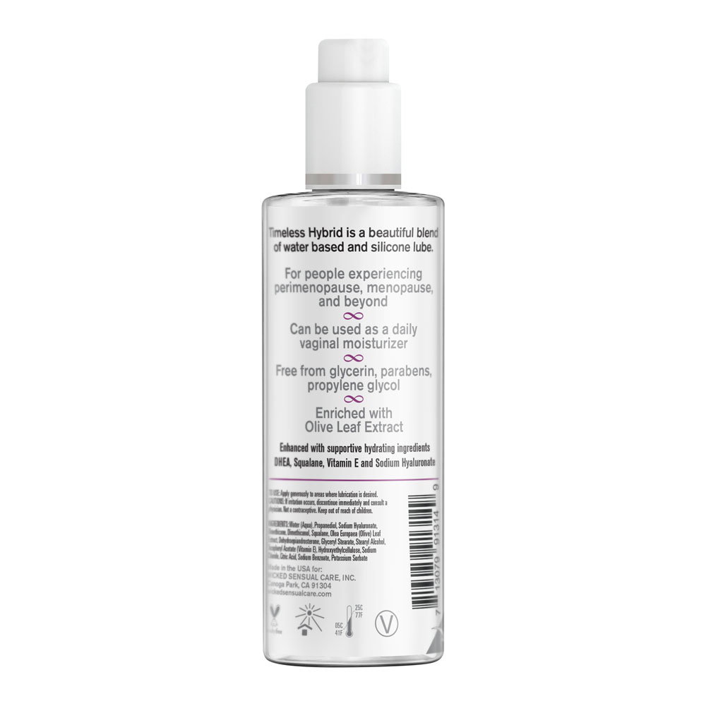 Bottle of Wicked Simply Timeless Hybrid Lubricant, a water and silicone-based intimate lube