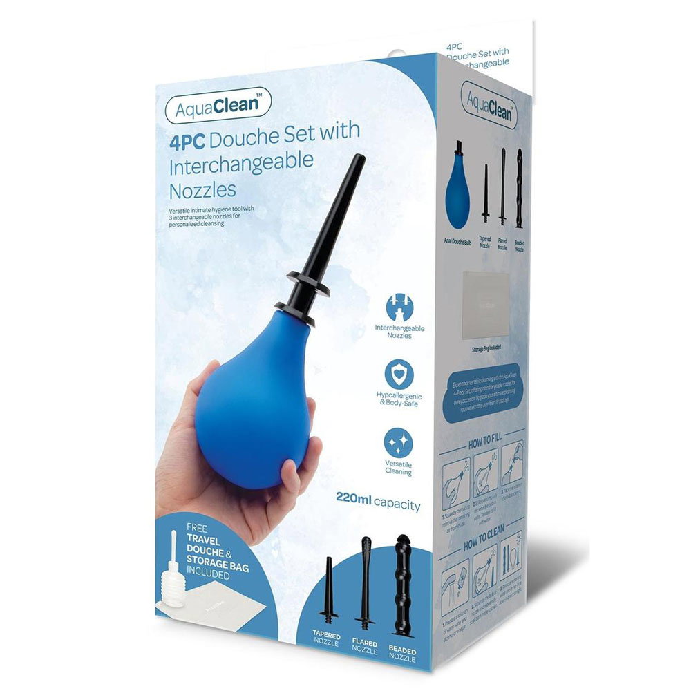 AquaClean 4 piece douche set with bulb, three interchangeable nozzles, travel bulb and storage bag