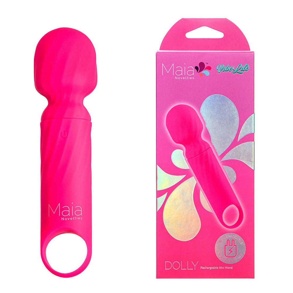 Maia Dolly pink mini wand vibrator with USB charging cable