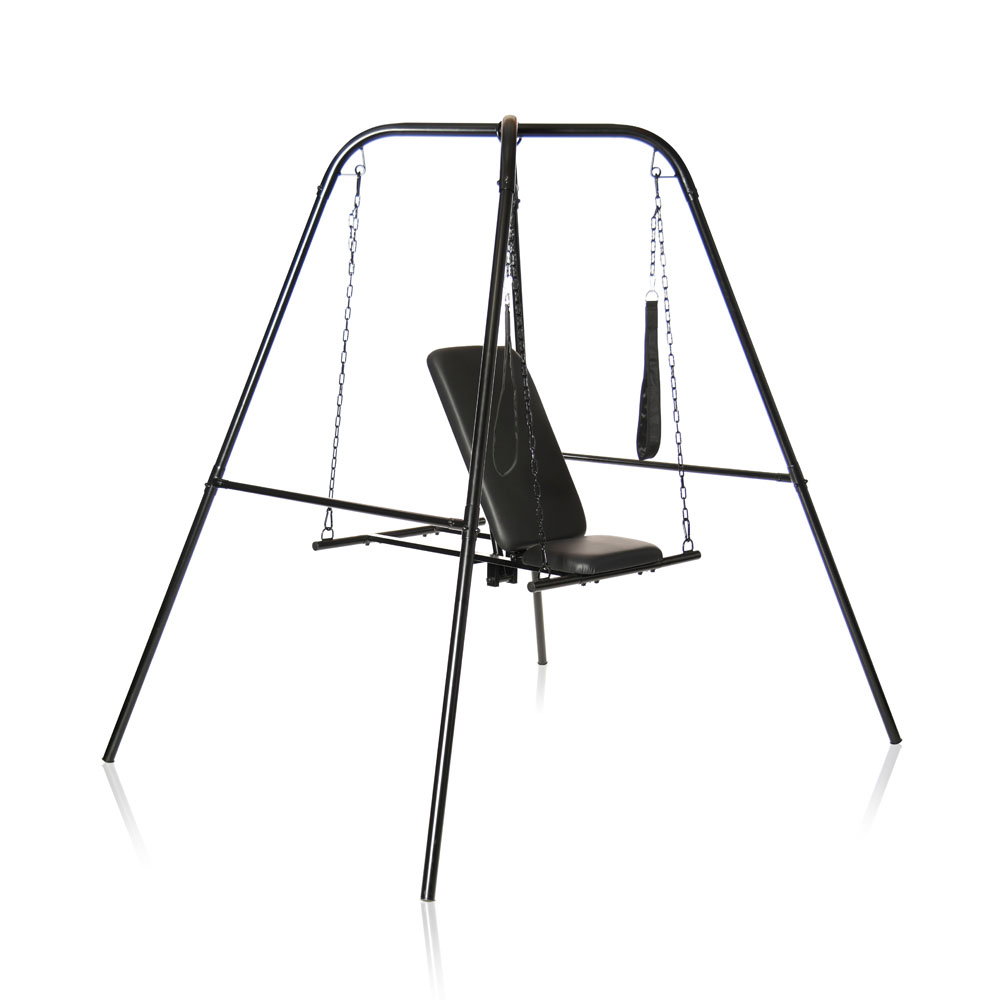 Black padded PU leather sex swing chair on a freestanding steel stand with stirrups and reclining backrest