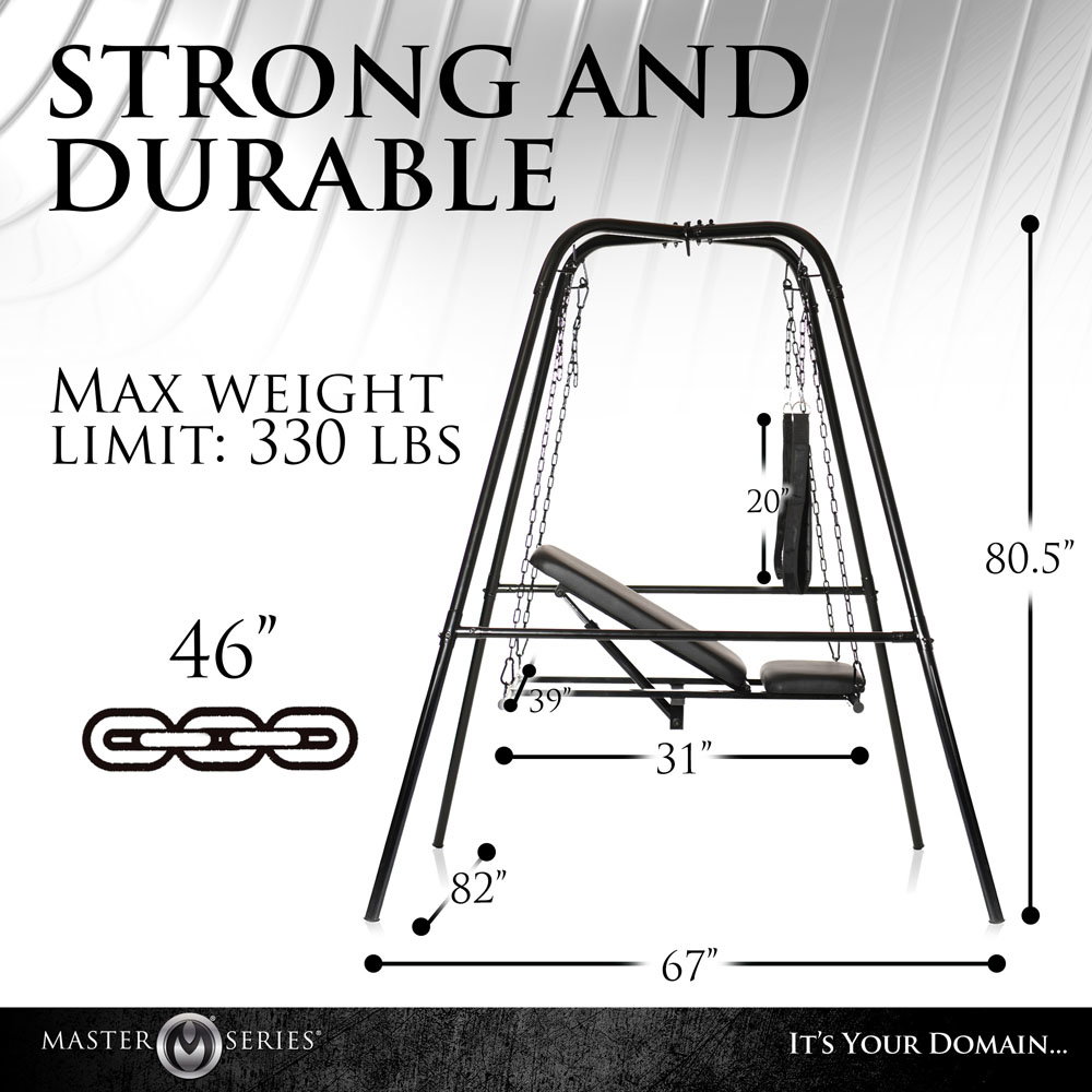 Black padded PU leather sex swing chair on a freestanding steel stand with stirrups and reclining backrest