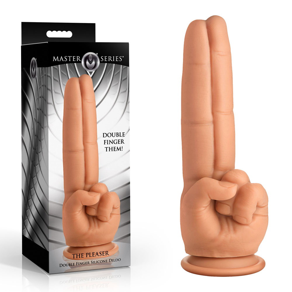 Master Series The Pleaser Double Finger Dildo, a light-coloured silicone dildo with suction cup base