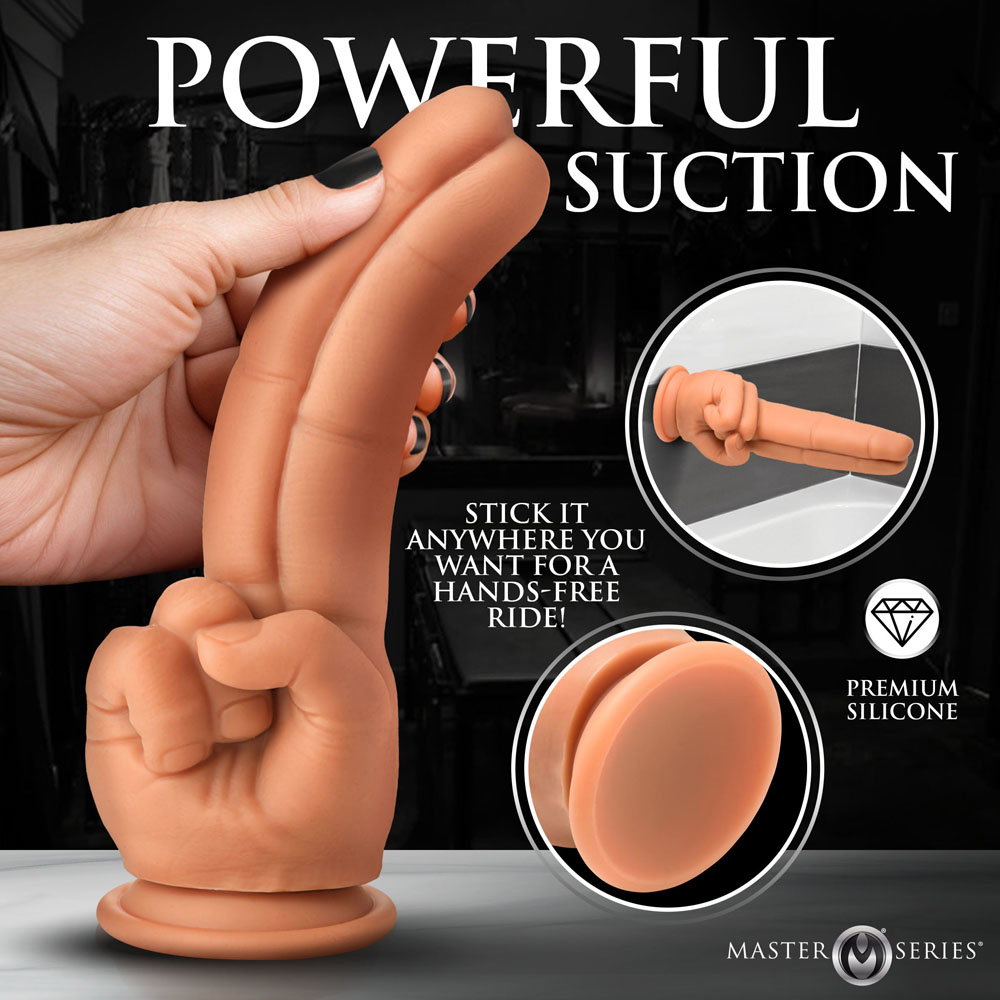 Master Series The Pleaser Double Finger Dildo, a light-coloured silicone dildo with suction cup base