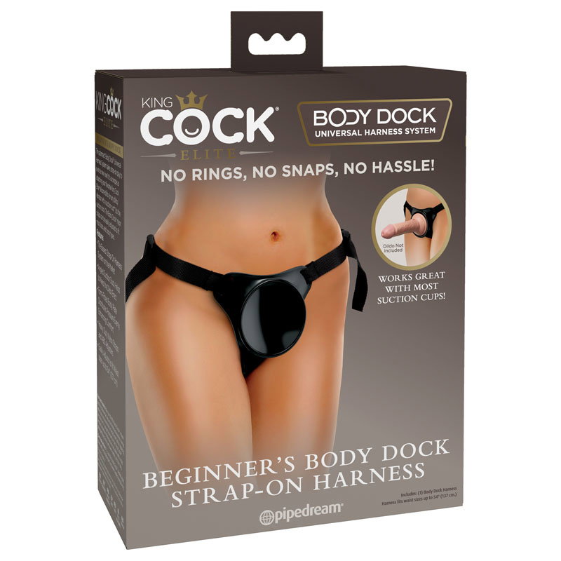 King Cock Elite Beginner's Body Dock Strap-On Harness with adjustable nylon straps and suction docking plate