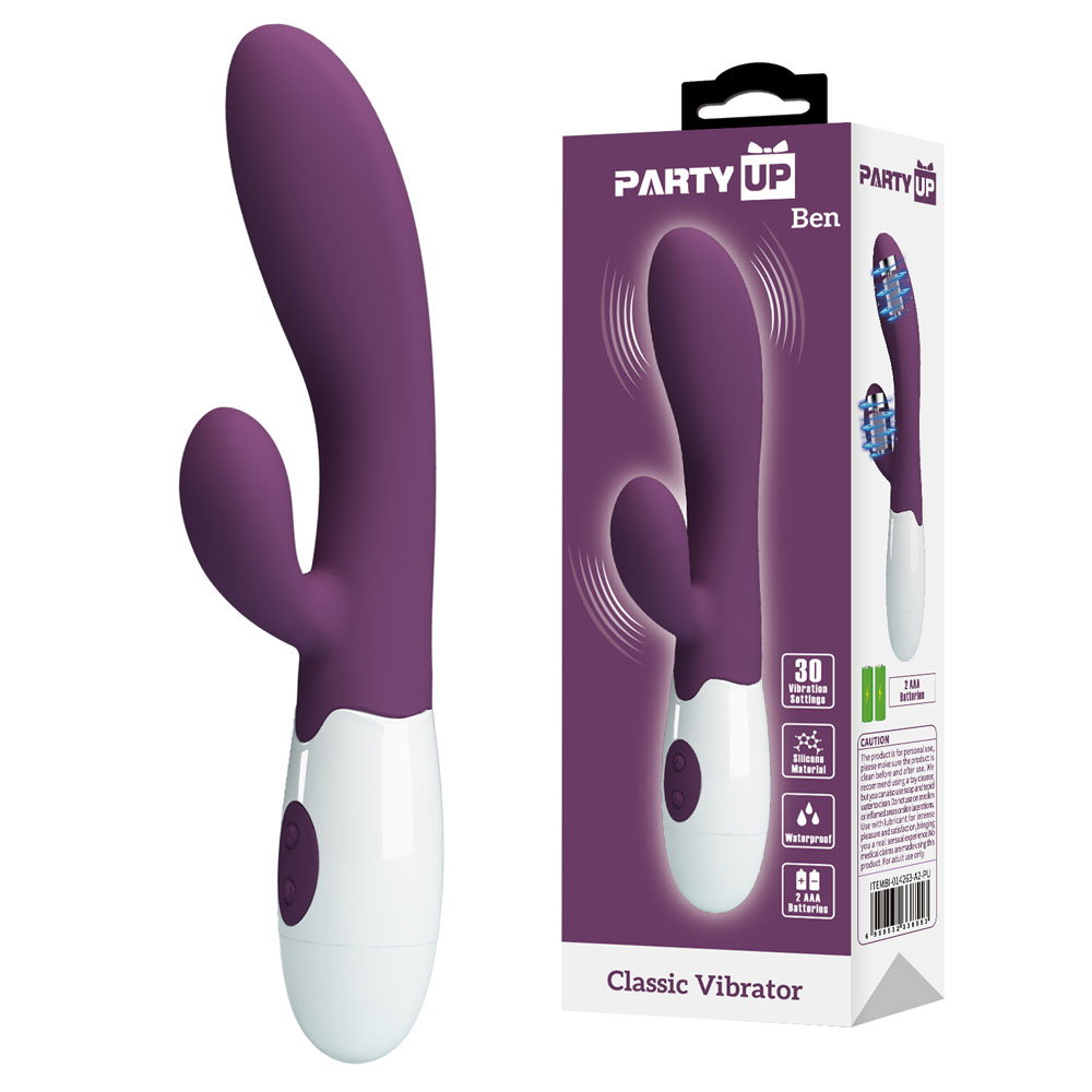 Party Up BEN Classic Rabbit Vibrator in purple silicone with curved shaft and clitoral arm