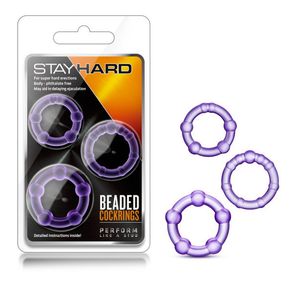 Set of three purple beaded cock rings of different sizes by Blush Novelties