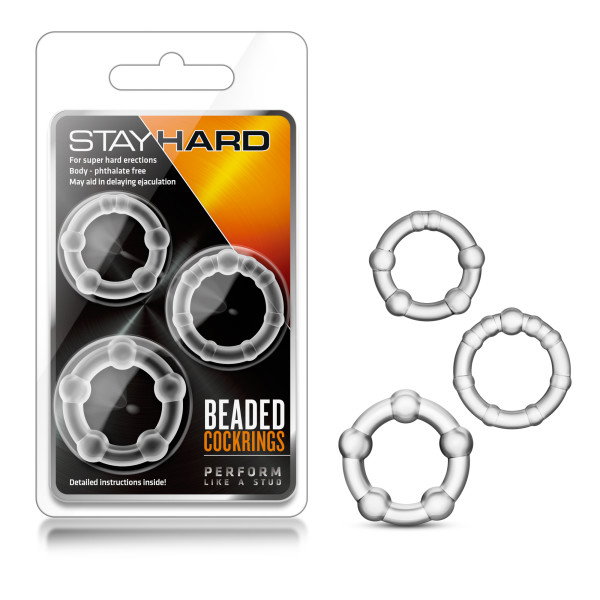 Blush Novelties Stay Hard Beaded Cock Rings in Clear, set of three stretchy TPE rings