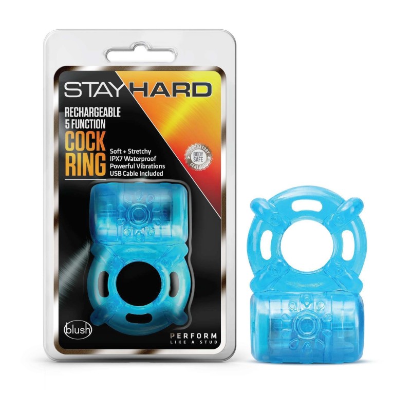 Blush Stay Hard rechargeable 5-function vibrating cock ring in blue with ribbed front texture
