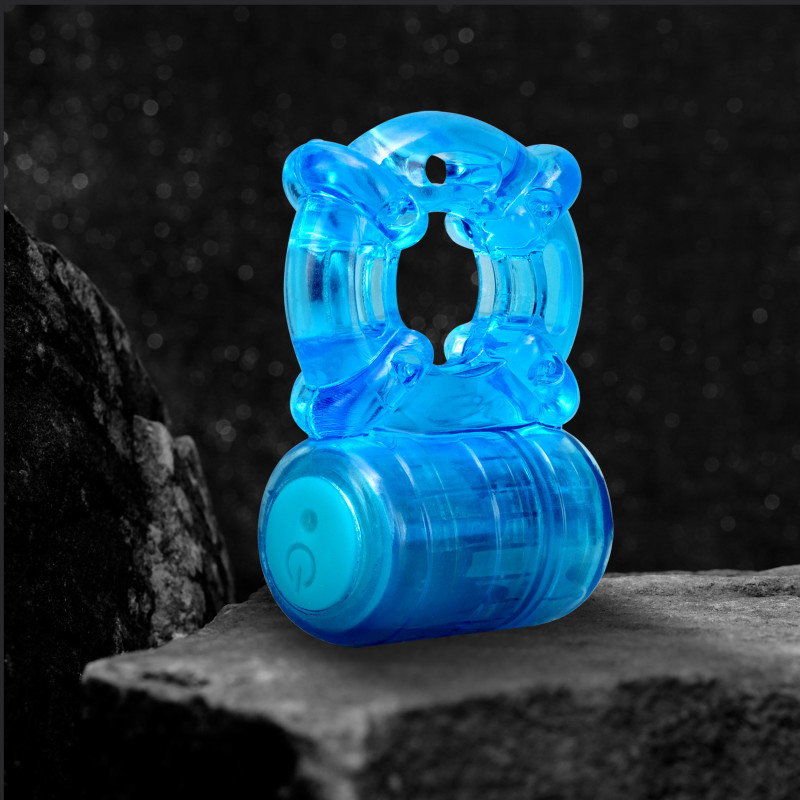 Blush Stay Hard rechargeable 5-function vibrating cock ring in blue with ribbed front texture