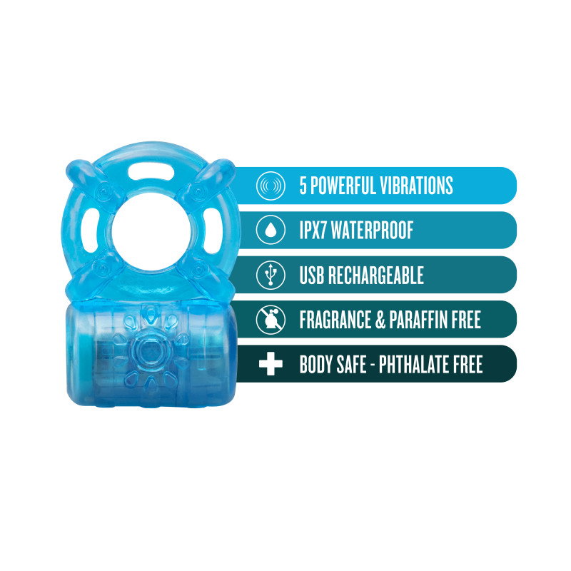 Blush Stay Hard rechargeable 5-function vibrating cock ring in blue with ribbed front texture