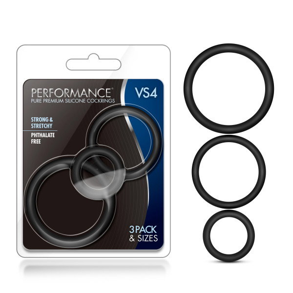 Performance VS4 silicone cock ring set in black, showing three ring sizes