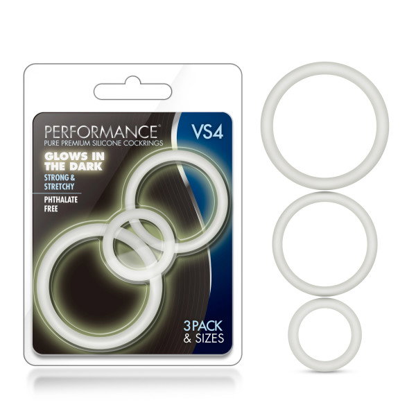 Blush Performance VS4 glow-in-the-dark silicone cock ring set with three sizes