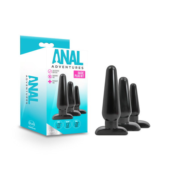 Blush Anal Adventures Basic Plug Kit in black, showing three graduated tapered anal plugs