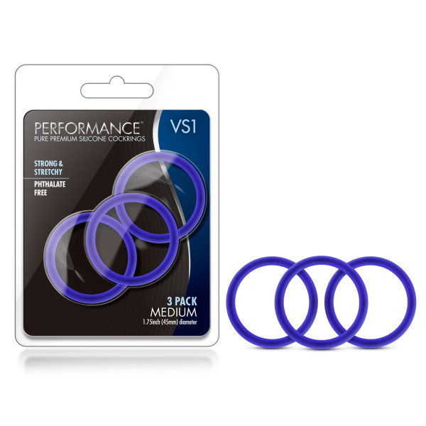 Blush Novelties Performance VS1 medium blue silicone cock rings, set of three