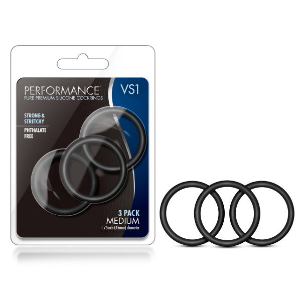Blush Performance VS1 medium black silicone cock rings, set of three