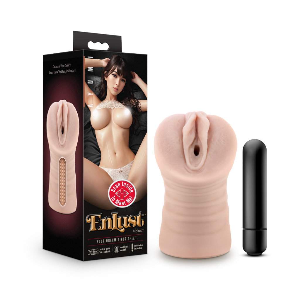 EnLust Ayumi vibrating stroker in flesh colour, a compact open-ended masturbator with textured interior