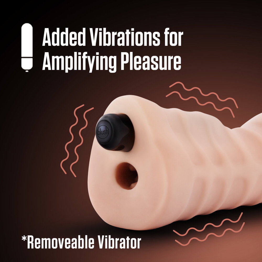EnLust Ayumi vibrating stroker in flesh colour, a compact open-ended masturbator with textured interior