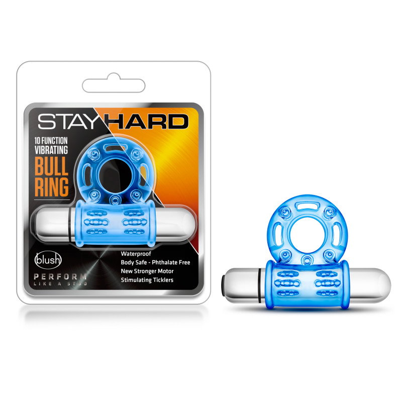 Blush Stay Hard 10-function vibrating bull ring in blue with removable bullet vibrator