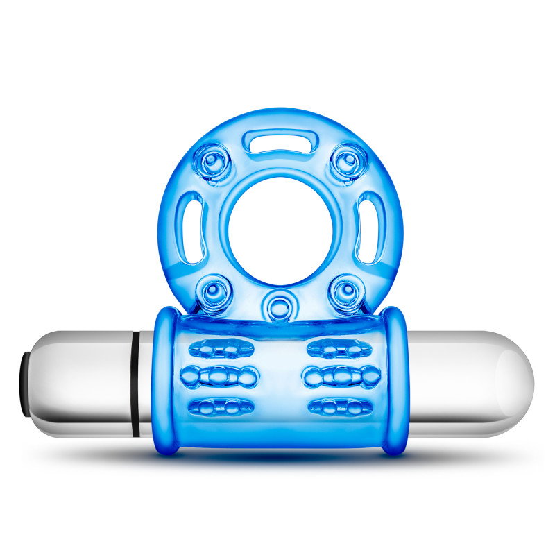 Blush Stay Hard 10-function vibrating bull ring in blue with removable bullet vibrator