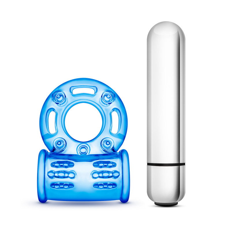 Blush Stay Hard 10-function vibrating bull ring in blue with removable bullet vibrator