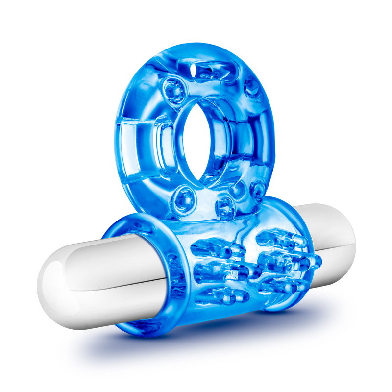 Blush Stay Hard 10-function vibrating bull ring in blue with removable bullet vibrator