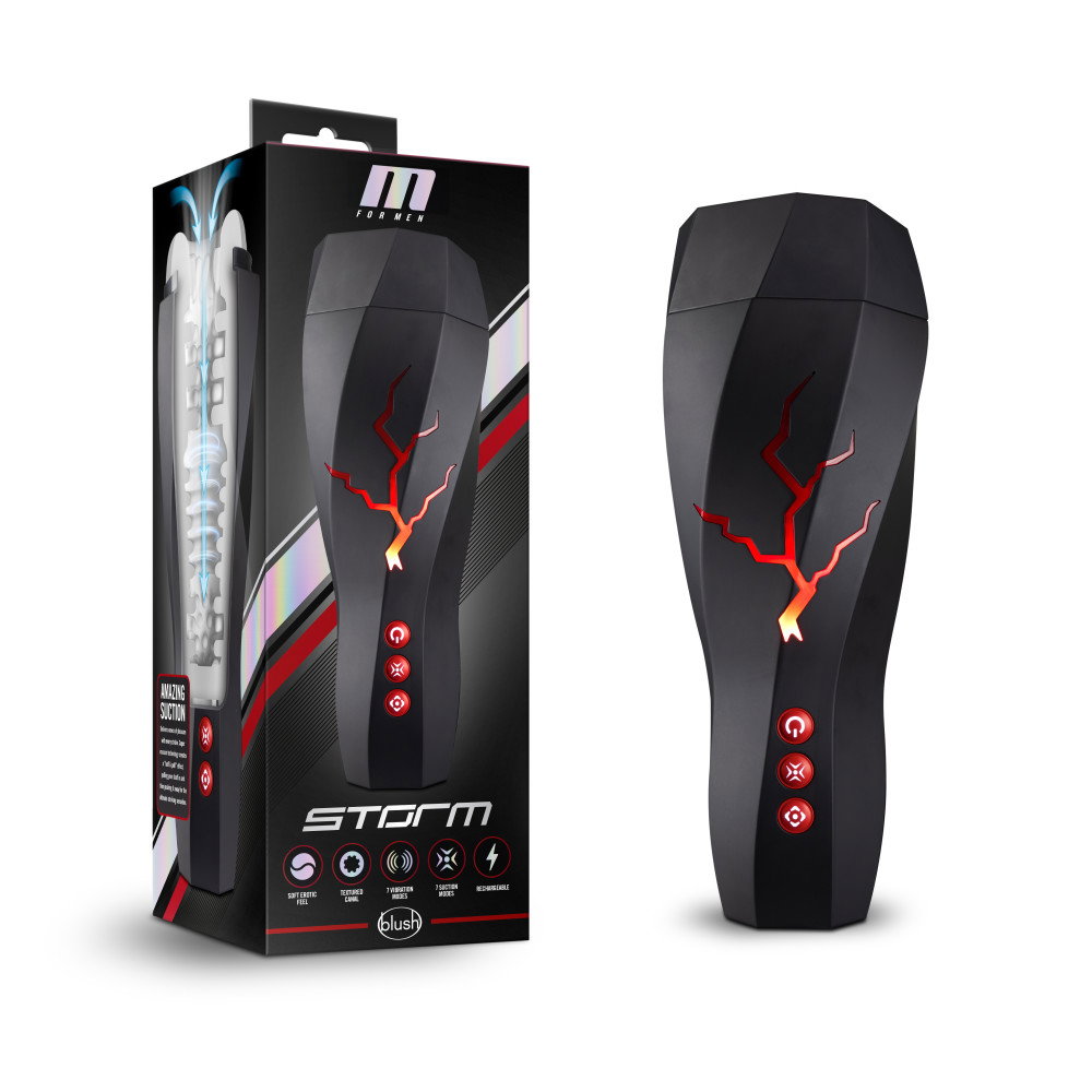 M for Men Storm automatic stroker with removable textured sleeve and USB charging cable