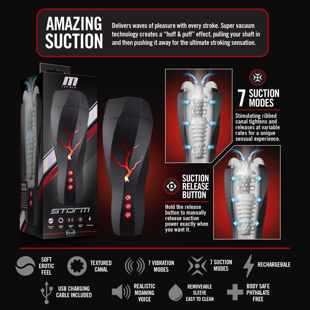 M for Men Storm automatic stroker with removable textured sleeve and USB charging cable