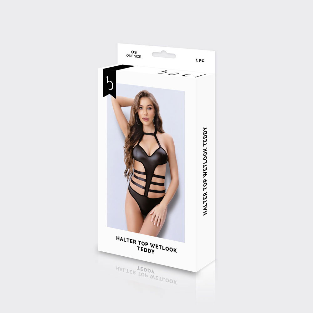 Baci wetlook halter top teddy with side cutouts and partial open back, one-size lingerie