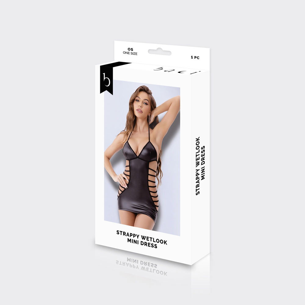 Baci wetlook strappy mini dress with side cut-outs and open strappy back, one size
