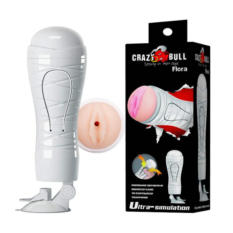 Crazy Bull Flora squeeze stroker with textured sleeve, squeeze pad and suction cup base