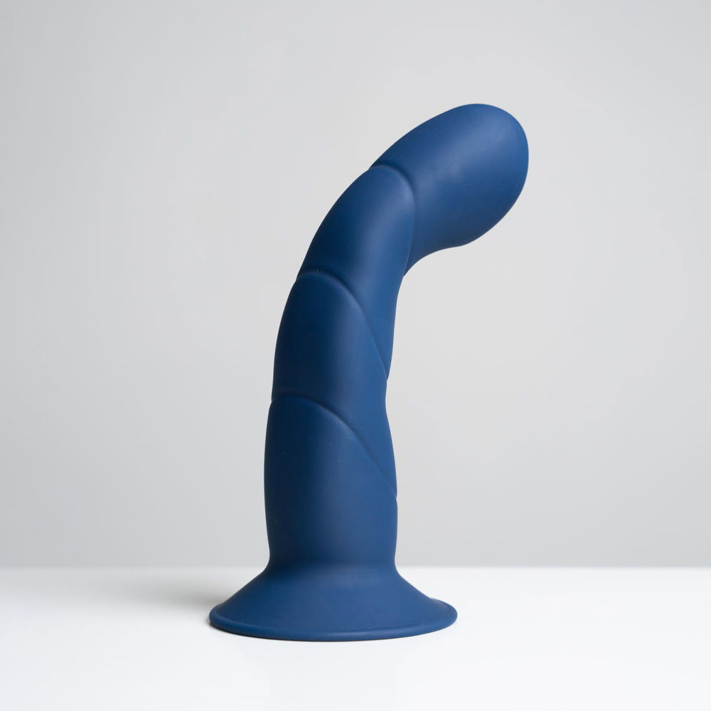 Maia Marin 8 inch blue silicone dildo with curved posable shaft and suction cup base