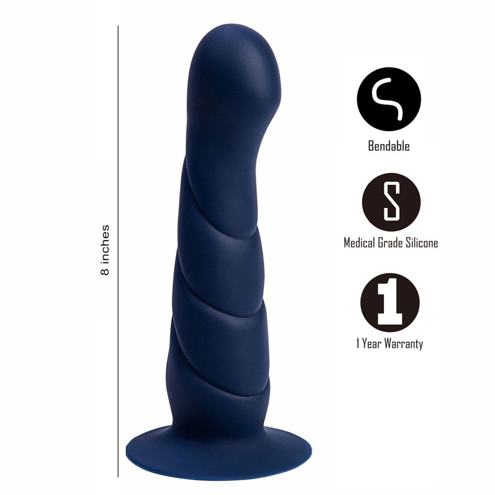 Maia Marin 8 inch blue silicone dildo with curved posable shaft and suction cup base