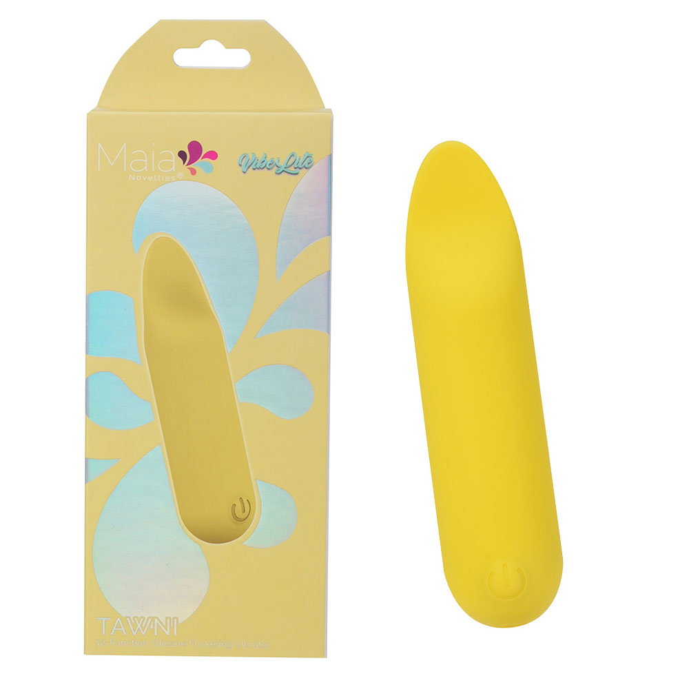 Maia Tawni yellow flickering bullet vibrator, compact silicone design with charging cable