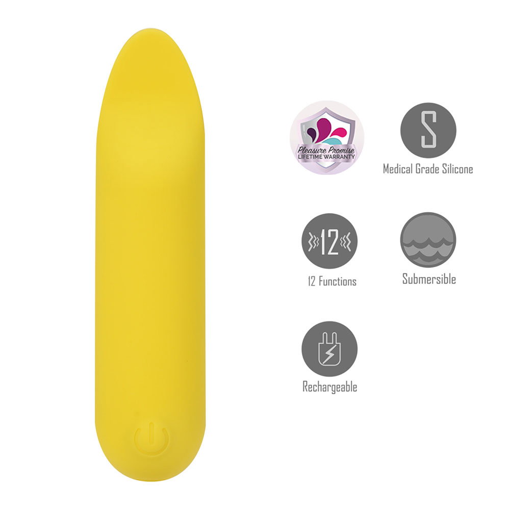 Maia Tawni yellow flickering bullet vibrator, compact silicone design with charging cable