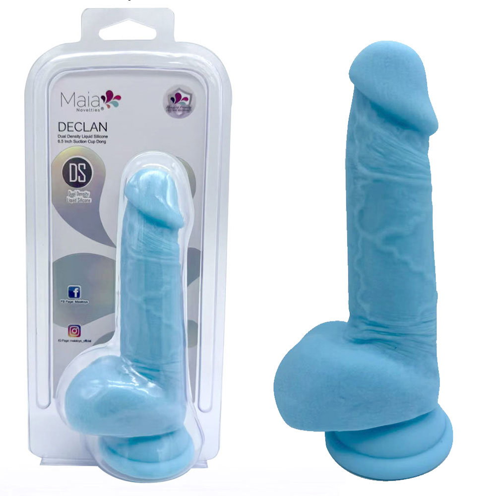 Maia Declan 6.5 inch dual density silicone dong in blue with suction cup base