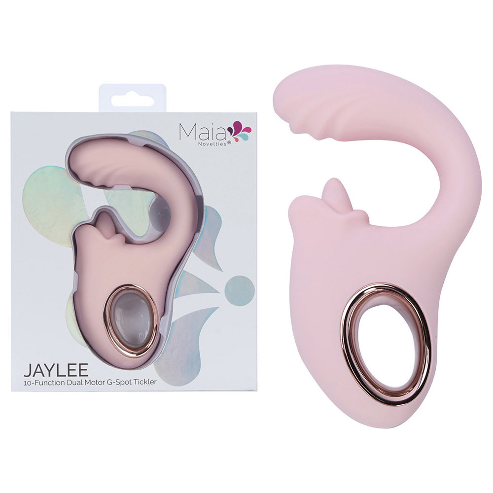 Maia Jaylee pink dual motor G-spot vibrator with rose gold accent and tongue-shaped stimulator