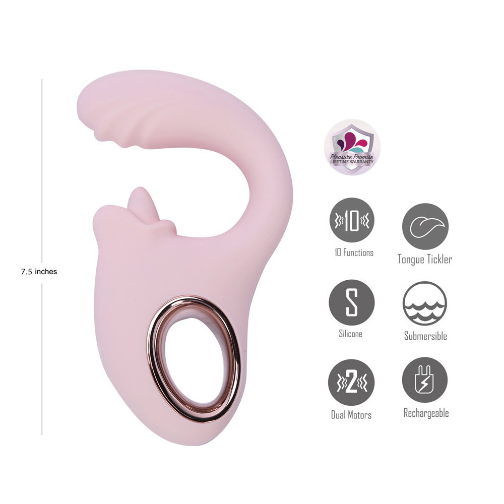 Maia Jaylee pink dual motor G-spot vibrator with rose gold accent and tongue-shaped stimulator